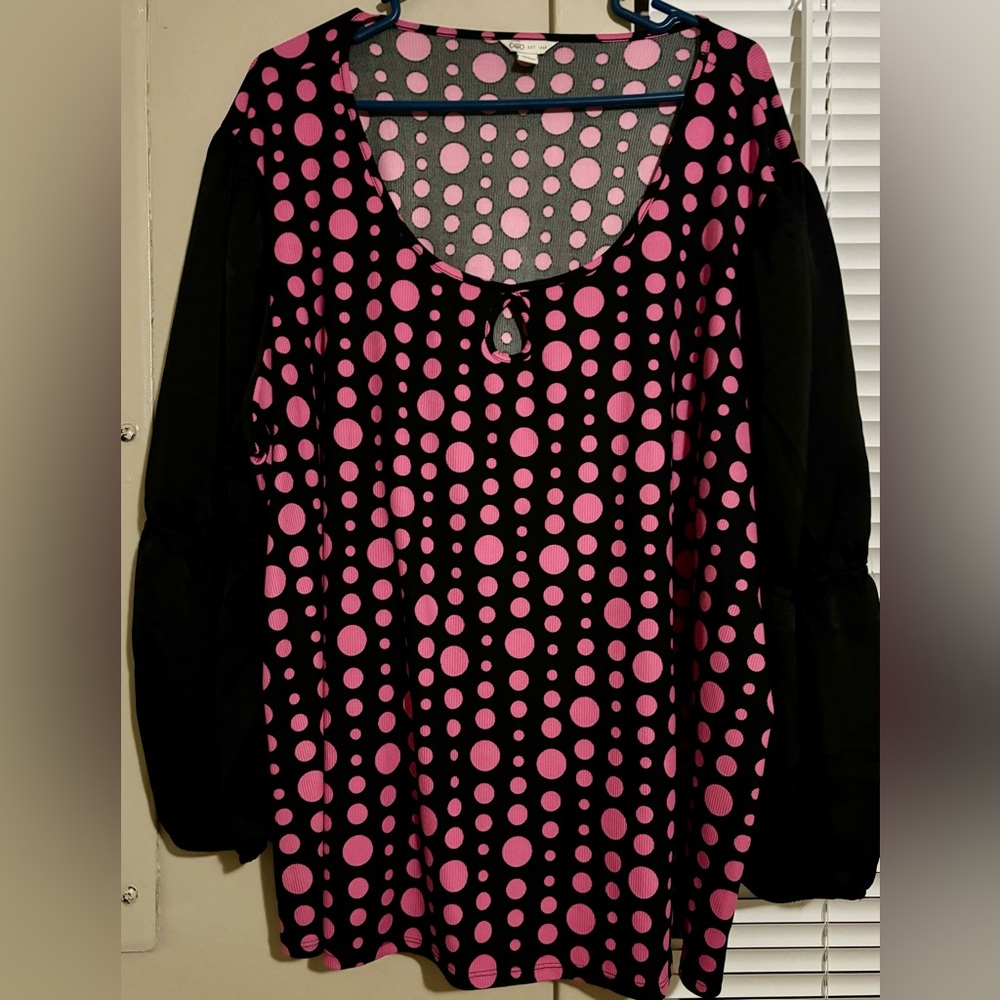 Cato Pink and Black Polka Dot Blouse Hi-Low